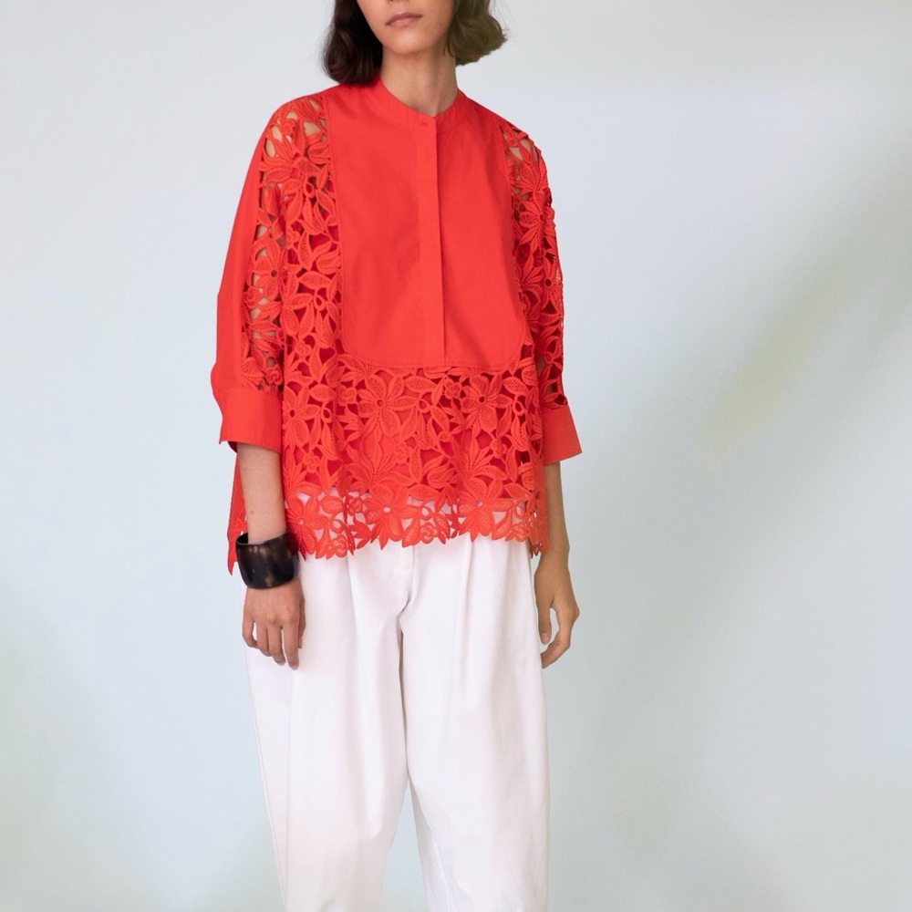 Red Cut Out Lace Poplin Shirt